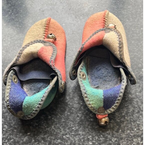 Vtg 1950's Baby Jester Shoes Snap Closure Slip On Jingle Bells Felt Multi Color